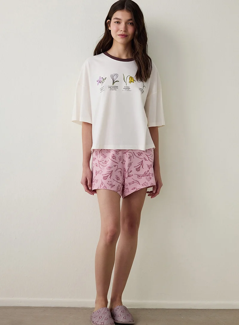 Penti Steppe Tulip Floral Printed Organic Cotton Crew Neck Short Sleeve Pajama Set with Shorts